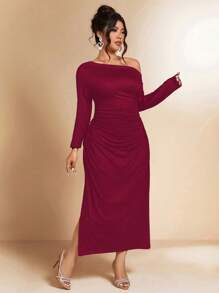 Cravure Đầm thanh lịch cổ không đối xứng màu trơn cỡ lớn cho nữ - Màu Đỏ Sâu - Xem 4