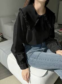 DAZY Camisa de manga larga con cuello Peter Pan, de corte holgado y unicolor, estilo casual de negocios, ropa de otoño - Negro - Ver 5