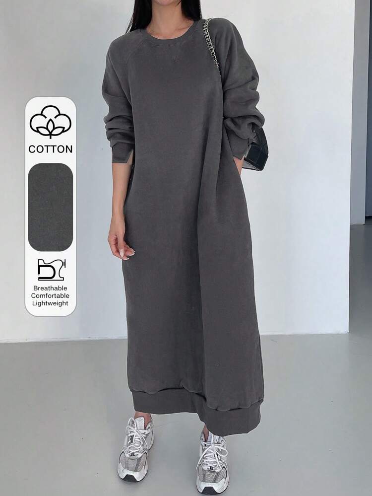 Solid Raglan Sleeve Sweatshirt Dress,Long Sleeve Tops