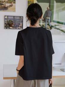 Dazy-Less 女士夏季纯色圆领短袖休闲T恤老款商务休闲女装 - 黑色 - 查看 5