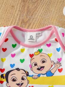 CoComelon X SHEIN Baby Girl Cute Character Colorful Heart Print Pink & White Bodysuit & Adorable Pink Bow Headband Set - White - View 4