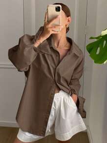 Livesso 女士纯色宽松长袖翻领衬衫，后开衩，系带蝴蝶结设计，长袖上衣，秋装 - 棕色 - 查看 4