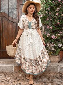 SHEIN Clasi 大码 V 领花卉印花短袖连衣裙，女士夏季服装，圣帕特里克节，狂欢服装，节日，春假，波西米亚风 - 彩色 - 查看 1