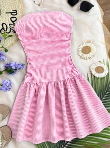 Girlism Gestreepte strapless geplooide taille A-lijn casual mini-jurk voor tienermeisjes, roze en wit, geschikt voor vakantie