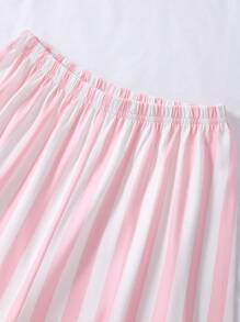 Tween Girl White Top + Pink Strawberry Bow Print Casual Short Sleeve Top & Pink Stripe Loose Knit 2 Pieces Pajama Set, Sleepwear - Multicolor - View 5