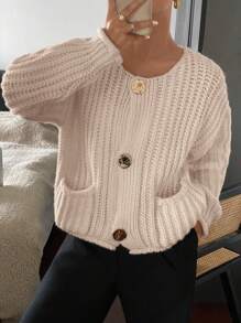 SHEIN Frenchy Women Casual Solid Color Cardigan With Pockets - Apricot - View 4