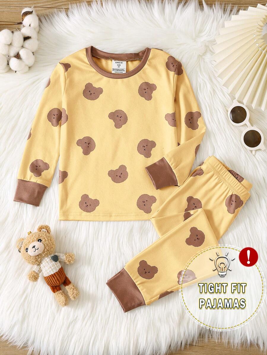 SHEIN 2pcs Young Boy Snug Fit Bear Print Colorblock Crew Neck Long Sleeve Top & Pants Soft Intimate Pajamas Set - Yellow - View 1