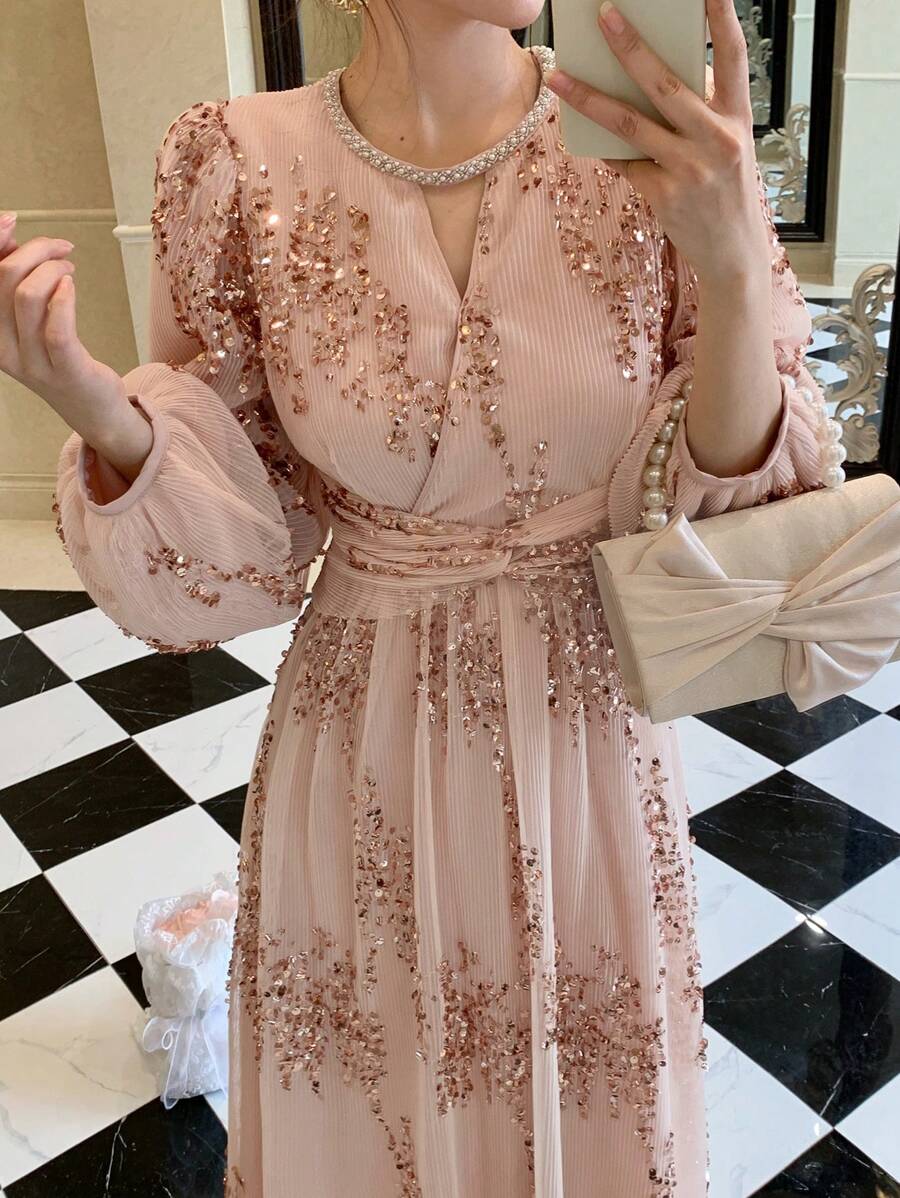 DAZY 女士情人节亮片 V 领褶皱夏装，新款秋冬法式水钻长裙花卉优雅，秋季女装长袖连衣裙奢华舞会礼服