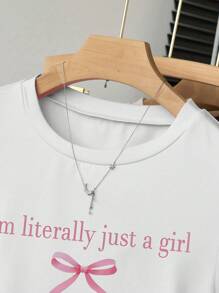 少女休闲简约正面字母和粉色蝴蝶结印花荷叶边腰部 T 恤 - 白色 - 查看 3