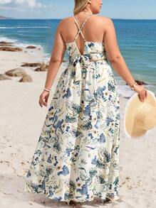 SHEIN VCAY Plus Size Tropical Print Halter Top And High Slit Loose Skirt Set, Vacation Casual Beach Women Outfits Women Summer Clothes Women Two Pieces Outfits
