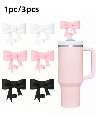 1/3 Stück klassische Strohhalm-Abdeckungen mit Schleife, Kappenaufsätze, kompatibel mit Stanley-Trinkbechern mit 30 und 40 oz, wiederverwendbare süße Strohhalm-Spitzen aus Silikon, Deckelschutz für 0,4 Zoll/10 mm große Becher, Strohhalm-Zubehör