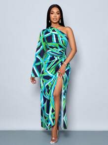 SOLERSUN Women's Fashion One Shoulder Long Sleeve All Over Printed Ruffled High Slit Maxi Dress For Vacation (Random Floral)