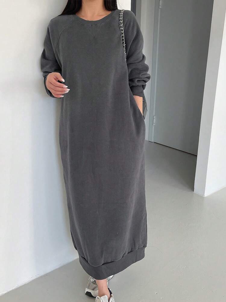Solid Raglan Sleeve Sweatshirt Dress,Long Sleeve Tops