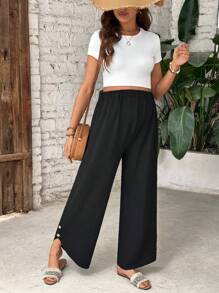 SHEIN Solid Color Asymmetrical Hem Decor Button Maxi Maternity Pants