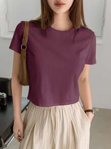 Dazy-Less Women's Solid Color Round Neck Summer Casual Short Sleeve T-Shirt Old Money Style