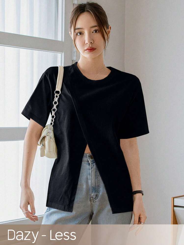 Women's Solid Color Round Neck Short Sleeve Split Hem Casual T-Shirt, Summer Business Casual Woman Work Clothes