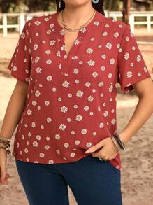 EMERY ROSE Blusa de cuello con muesca con estampado de margaritas de estilo campestre informal para vacaciones, tallas grandes, para uso en primavera y verano, para mujeres - Multicolor - Ver 1