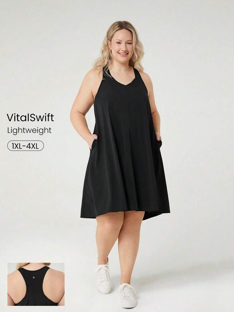 Vestido casual diario con copas removibles VitalSwift de talla grande, con bolsillos laterales, de secado rápido y que absorbe la humedad, con espalda de tirantes