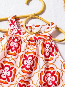 SHEIN Set de 2 piezas de top halter estampado y shorts casuales de estilo de vacaciones de verano para niñas pre-adolescentes, talla grande