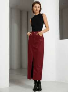 Aveloria Modichic 女士 PU 皮革中长裙，纯色开叉 A 字裙，简约时尚 - 紅色 - 查看 4