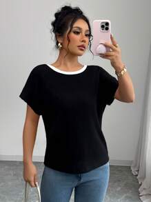 Elenzga Women's Round Neck Short Sleeve Casual T-Shirt With Bow Decor On Back