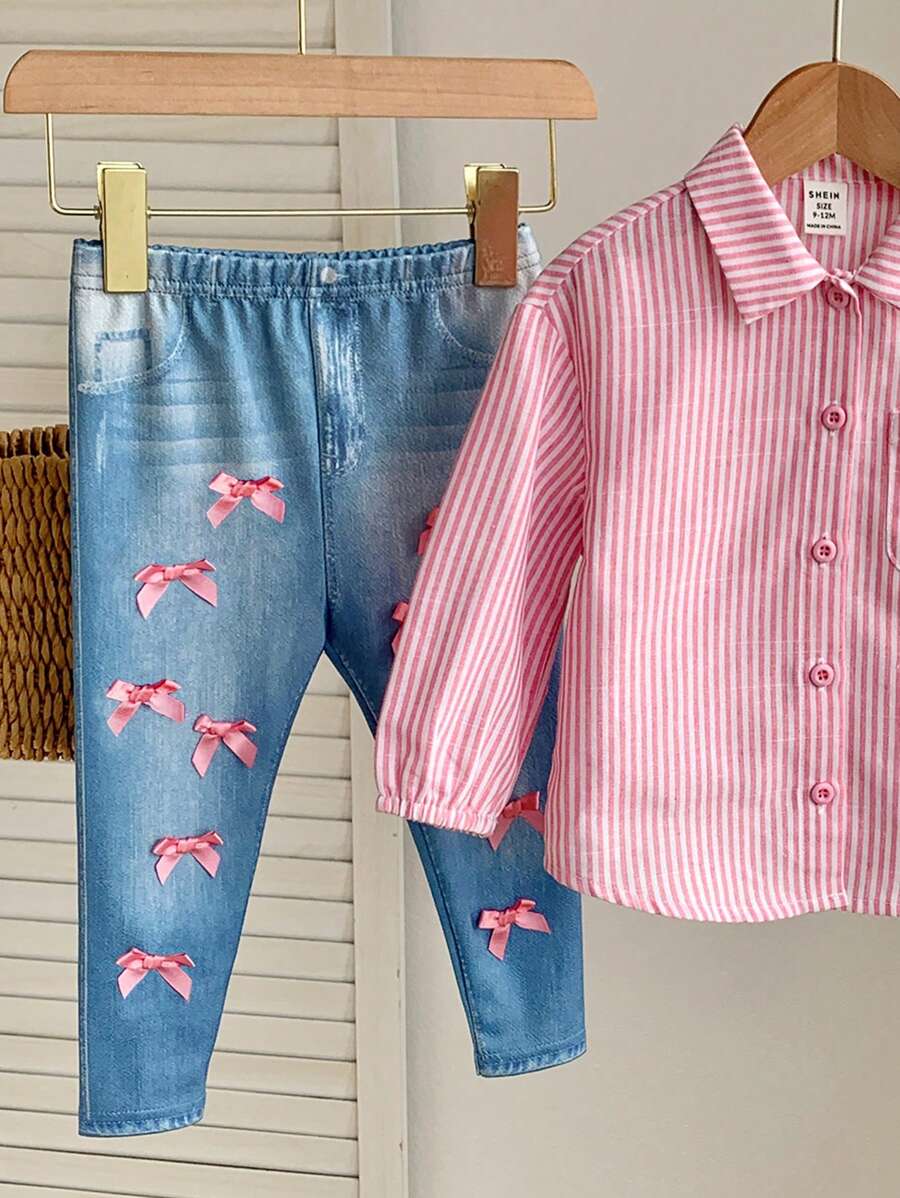 SHEIN Baby Girls Spring/Summer Striped Long Sleeve Shirt & Bow Decor Long Pants 2 Pieces Set - Pink - View 1