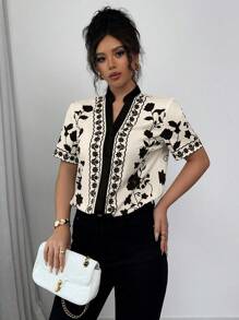 Selianne Elegant Commuter Floral Print Notch Collar Blouse - Black - View 5