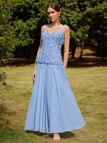 Anewsta Romantisches Urlaubs-Party-Date Damen Maxikleid aus blauem Chiffon mit geschichteter Rosenblüten-Deko und Spaghettiträgern, elegant - Blau - Übersicht 3