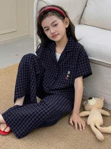 Dazy Kids Tween GirlsShort Sleeve, Checkered Print & Embroidery Pattern, Home/Loungewear Sets, Spring/Summer - Navy Blue - View 2