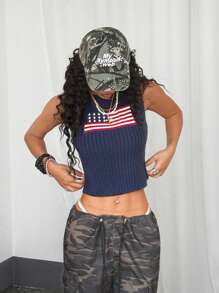 StreetHx Streetwear 女式春夏国旗图案修身针织上衣