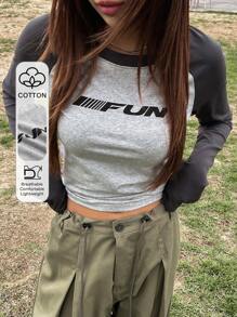 DAZY Letter Graphic Raglan Sleeve Crop Tee,Fall Clothes Long Sleeve Women Tops - Grey - View 9