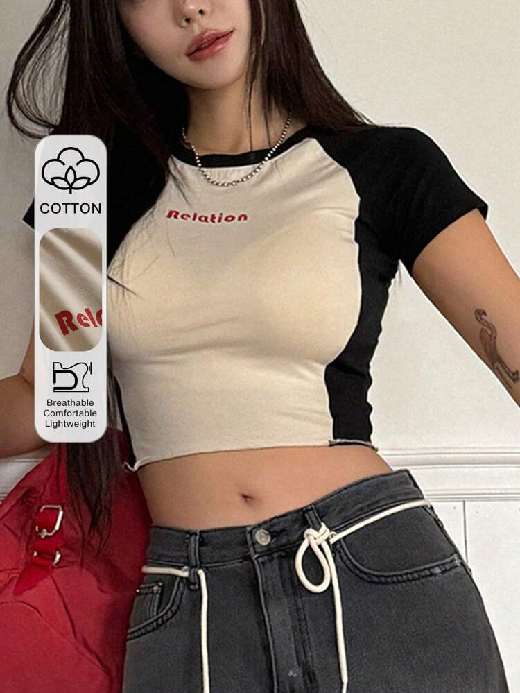 Color Block Round Neck Women's T-Shirt Summer,Crop Tops Women