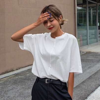 솔리드 드롭 숄더 티셔츠 여름 프레피 탑스