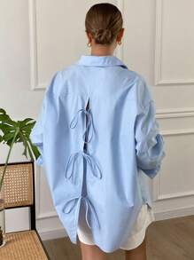 Livesso Blusa suelta de unicolor con cuello vuelto, espalda descubierta y lazo, de manga larga, para mujer, ropa de otoño - Azul - Ver 9