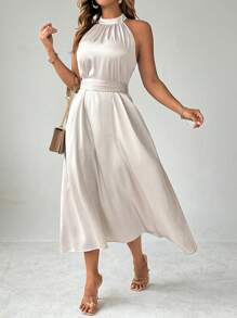 Celure Plus Size Women's Dress, Elegant Satin Fabric With Comfortable & Skin-Friendly Bestselling Material, Solid Color, Small Stand Collar Waist Tied Belt Slimming And Elongating, Bowknot Decoration At Back Waist, Sleeveless, Simple & Fashionable For Party, Suitable For New Year's Day Daily Commute, Shopping And Entertainment, Wedding And Banquet, Comfortable Fabric, High Cost-Performance