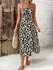 SHEIN Frenchy Damen Lässig Urlaubs-Kleid mit Leoparden-Muster und Schlitz-Trägern