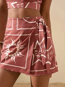 Travachic 2pcs Set Sun & Moon Graphic Halter Top And Skirt, Vacation Co-Ord Summer Clothes Women Two Pieces Outfits