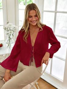 SHEIN VCAY Blusa de corte holgado, manga acampanada, ajuste regular, de tela tejida casual para mujer - Burdeos - Ver 8