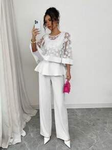 Elenzga 2pcs Set Women Standard Size Crew Neck Butterfly Cape Decor Mesh Panel Top And Solid Color Straight Pants - White - View 3