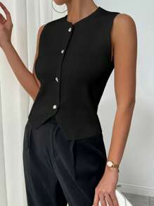 Chiquease Asymmetrical Button Design Women Knitted Cardigan Top - Black - View 4