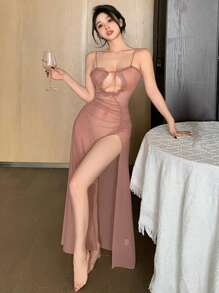 DAZY Sheer Mesh High Slit Hollow Out Ruffle Trim Lingerie Slip Dress, Sexy - Dusty Pink - View 5