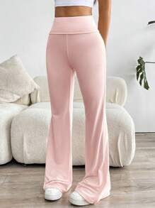 Muchica Women's Solid Flare Pants Fold Over Leggings Stretch Bootcut Flared Yoga Pants Y2k Joggers - Pink - View 3