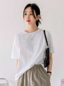Dazy-Less 纯色圆领T恤，复古风，夏季商务休闲女士工作服 - 白色 - 查看 6