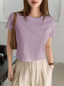 Dazy-Less Solid Color Round Neck Casual Short Sleeve T-Shirt Summer,Crop Tops Women Business Casual Woman Work Clothes - Purple - View 6