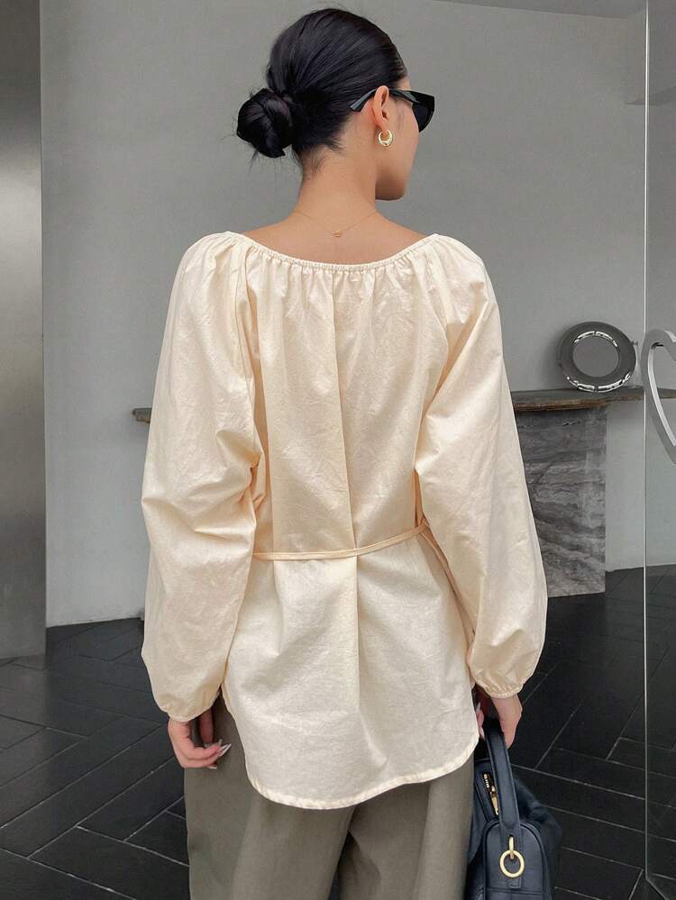 Solid Color Loose Fit Long Sleeve Tie Neck Pleated Women Blouse,Fall Clothes