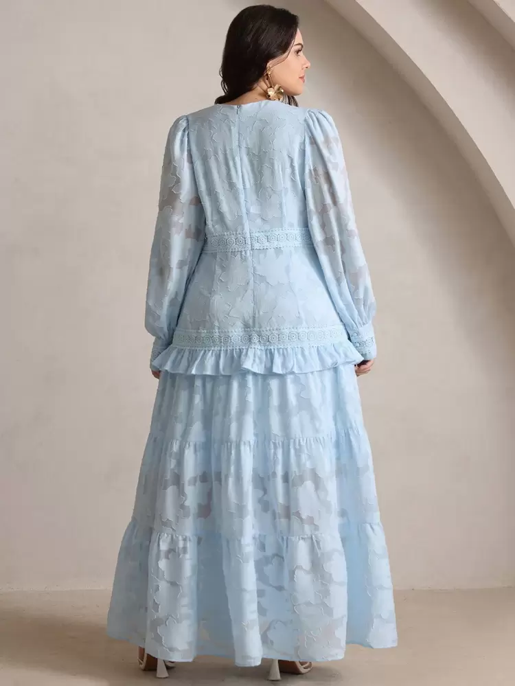 Elegant Plus Size V-Neck Long Sleeve Crochet Lace Patchwork Ruffle Hem Fitted Dress, Festival, Going Out, Vacation Outfit For Women Summer Dresses For Women Women Long Dresses Dresses For Women Spring Spring Dresses For Women Women Maxi Dresses