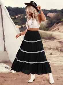LanaWest Women's Country Music Festival Ruffle Design Patchwork Black A-Line Skirt