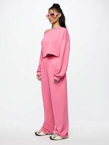 SUMWON WOMEN Off Shoulder Cropped Sweatshirt Oversized Loungewear Athleisure Casual Long Sleeve Top Fall Winter Fashion Streetwear Cozy Sporty Athletic Workout Apparel - Pink - View 4