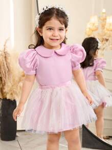 SHEIN Babygirl Cute & Elegant Pink Peter Pan Collar Blouse And Mesh Skirt 2pcs Set - Pink - View 3