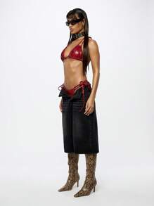 SUMWON WOMEN Metallic Snake Print Two-Piece Bikini Set Summer Beach Swimsuit High Cut String Side-Tie Bottom Halter Top Beachwear Pool Party Festival Vacation Swimwear